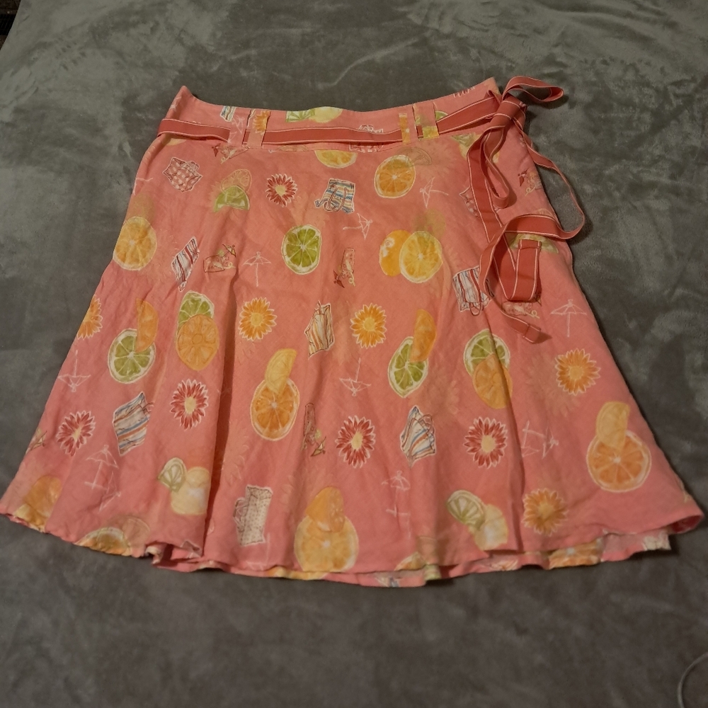 Liz Claiborn 100% Linen Summer Citrus Fruit Print Flowy Skirt Sz.16 Riviera Chic